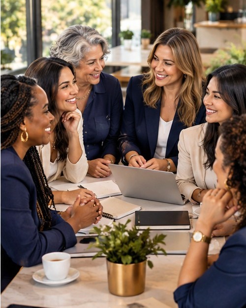 Mulheres empreendedoras reunidas em uma mesa de café